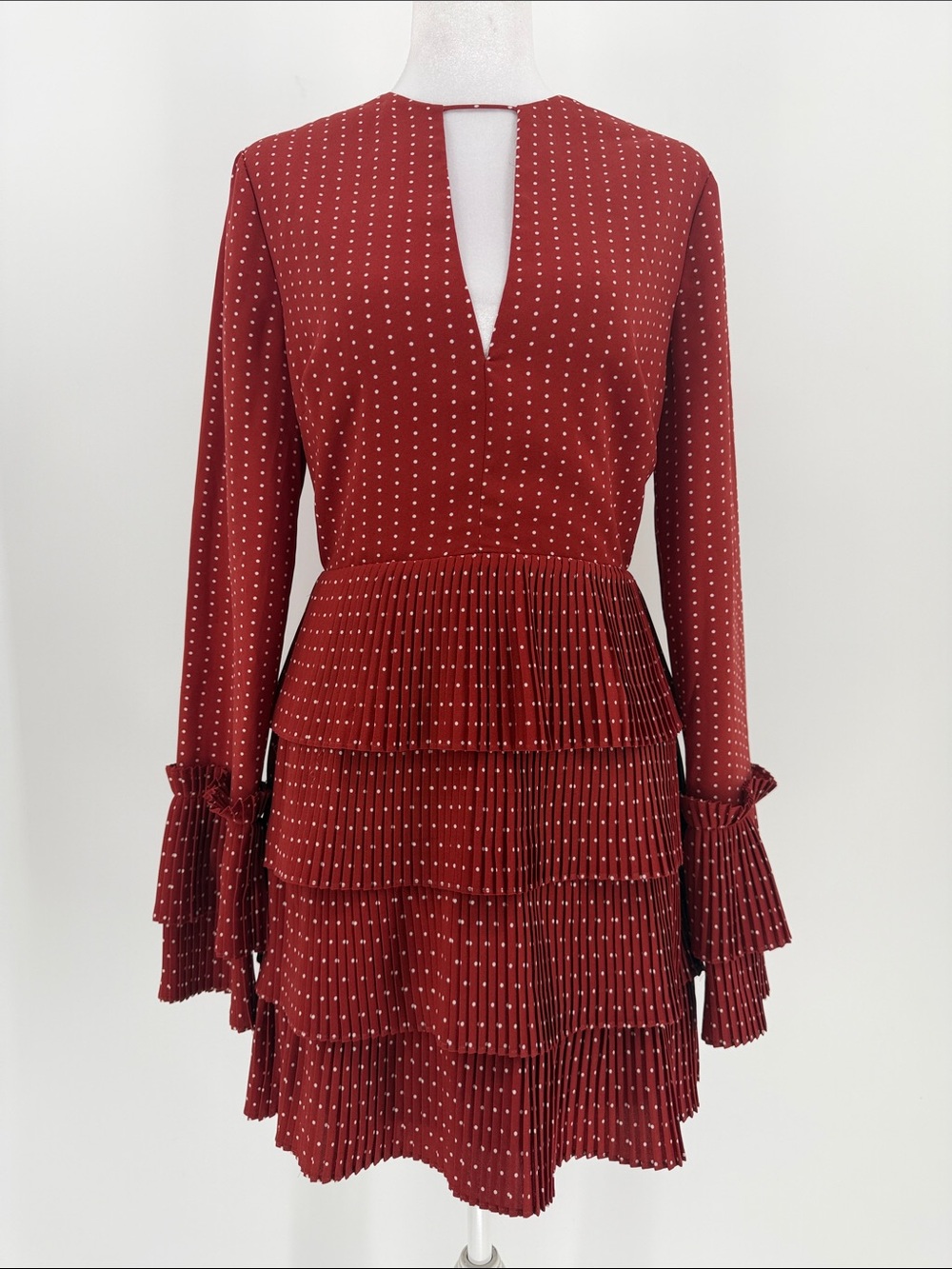 C/MEO Collective Brick Red‎ Polka Dot Pleated Tiered Mini Dress Size Small
